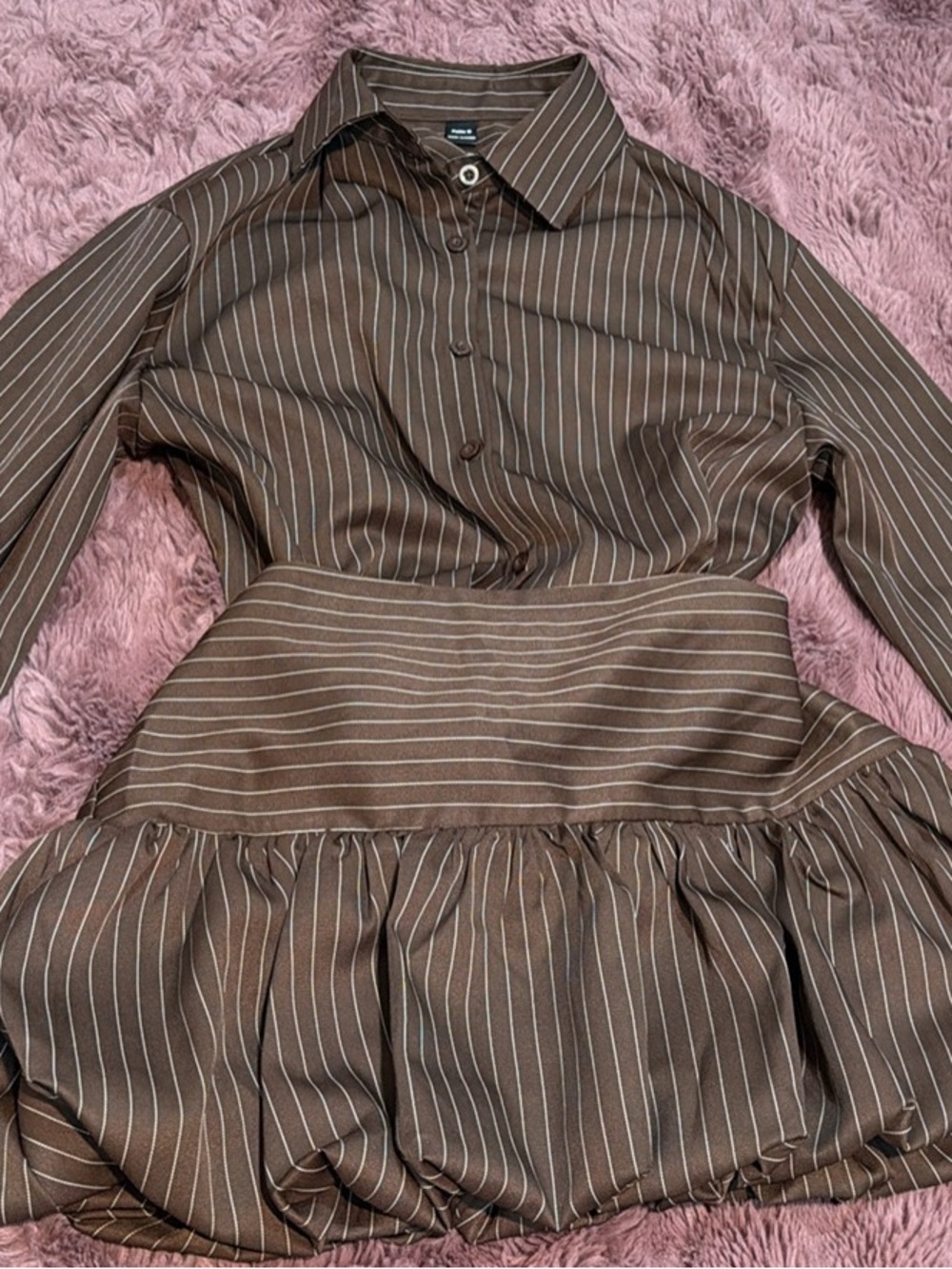 SHEIN Brown Pinstripe Button-Up Top with Peplum Skirt